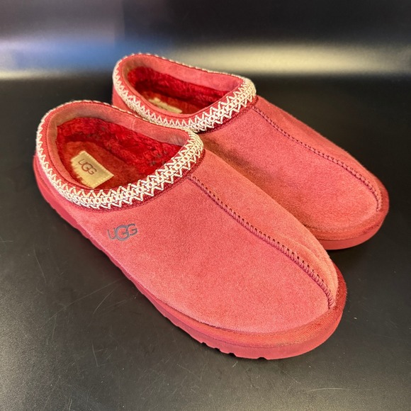 UGG Tasman Red Suede Leather Shearling‎ Lined Clog Slippers Women's Size 11 - Picture 1 of 9